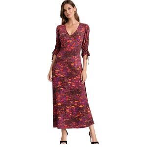 Nikki Poulos Magenta Orange Geometric Print Ruched Sleeve V-Neck Maxi Dress L